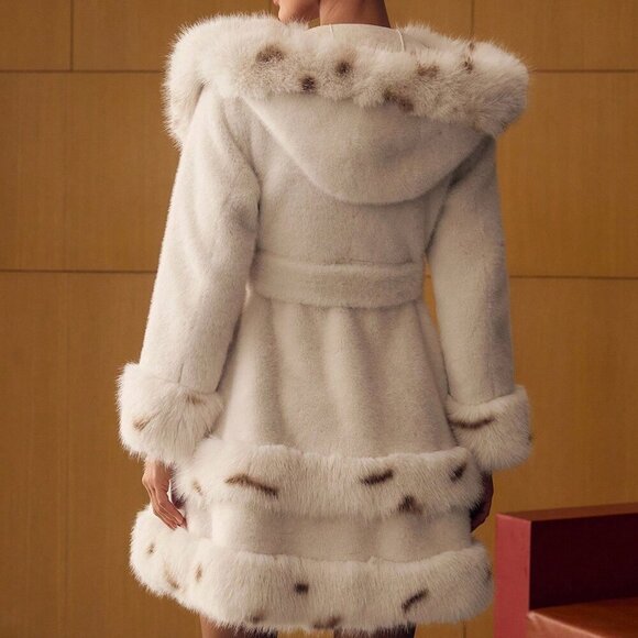 Elegant Women's Colorblock animal print details on ths Belted Faux Fur Coat - Picture 2 of 7